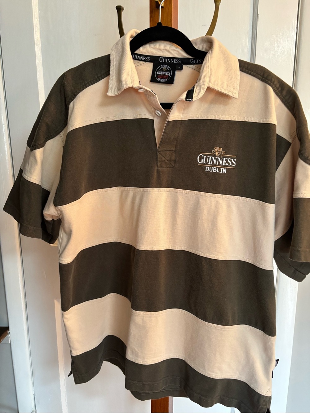 Guinness Official Merchandise Olive and Cream Striped Rugby Polo XL